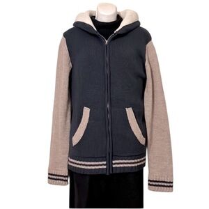Cotton On Blue Tan Knit Varsity Style Hooded Zipper Sweater Jacket Sz M